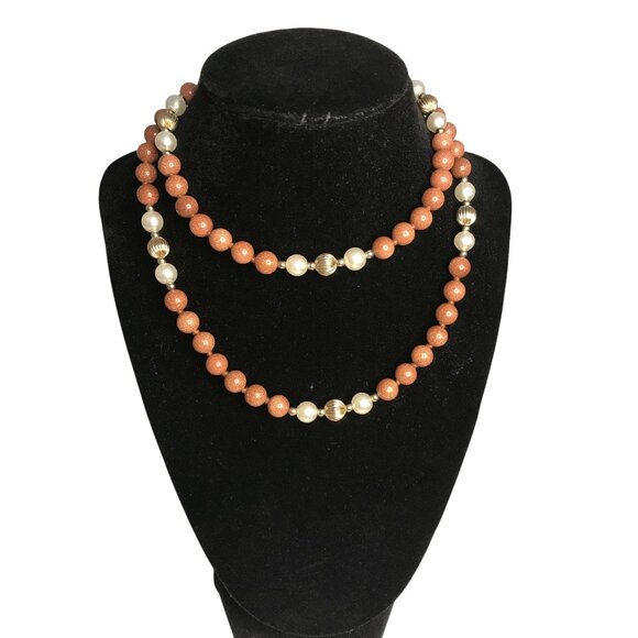 Goldstone & Faux Pearl Double-Strand Necklace With Gold-Tone Accents - Picture 2 of 7